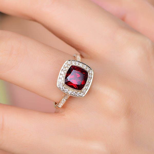 Milgrain Bezel-Set Cushion Garnet Diamond Halo Hidden Accents Ring - Lord of Gem Rings