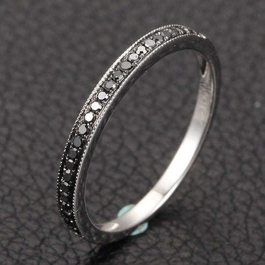Milgrain Half Eternity Band Pave H/SI Black Diamonds 14K Gold Wedding Ring