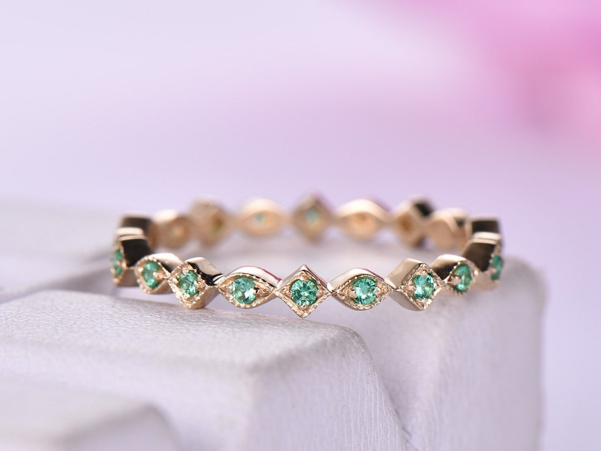 Milgrain Marquise & Square Natural Emerald May Birthstone Band - Lord of Gem Rings