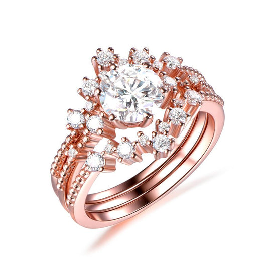 Milgrain Round Moissanite Trio Bridal Set Tiara Curve Diamond Wedding Band