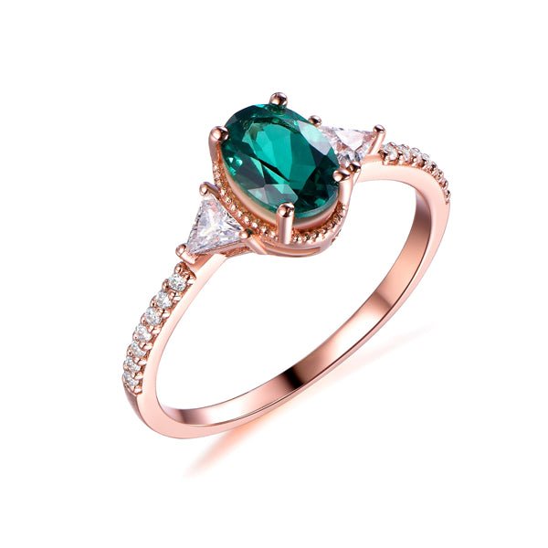Milgrain Three-Stone Oval Emerald Trillion Moissanite Side Stones Ring - Lord of Gem Rings