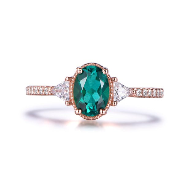 Milgrain Three-Stone Oval Emerald Trillion Moissanite Side Stones Ring - Lord of Gem Rings