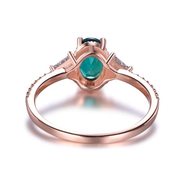 Milgrain Three-Stone Oval Emerald Trillion Moissanite Side Stones Ring - Lord of Gem Rings