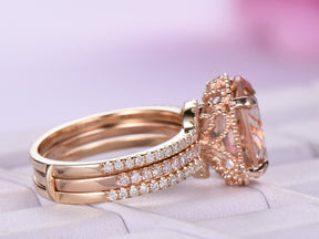 Milgrain Under Gallery Oval Morganite Ring Forever Together Bridal Set - Lord of Gem Rings