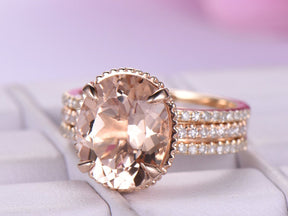 Milgrain Under Gallery Oval Morganite Ring Forever Together Bridal Set - Lord of Gem Rings