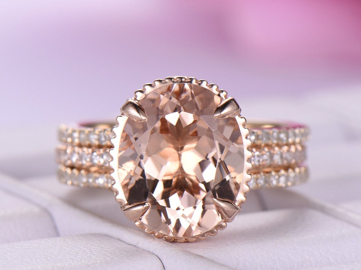 Milgrain Under Gallery Oval Morganite Ring Forever Together Bridal Set - Lord of Gem Rings