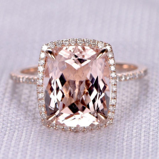 Min. 5ct Cushion Morganite Ring Diamond Halo in 14K Gold