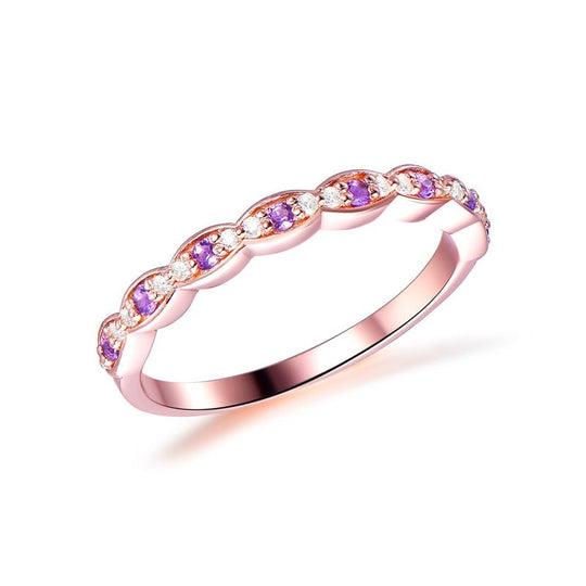Moissanite Amethyst Scalloped Edge Half Eternity February Birthstone Band