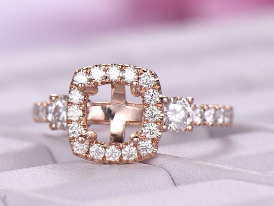 Moissanite Cuahion Halo Round Semi Mount Ring 14K Rose Gold