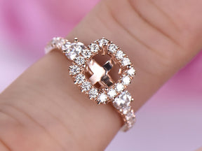 Moissanite Cuahion Halo Round Semi Mount Ring 14K Rose Gold - Lord of Gem Rings