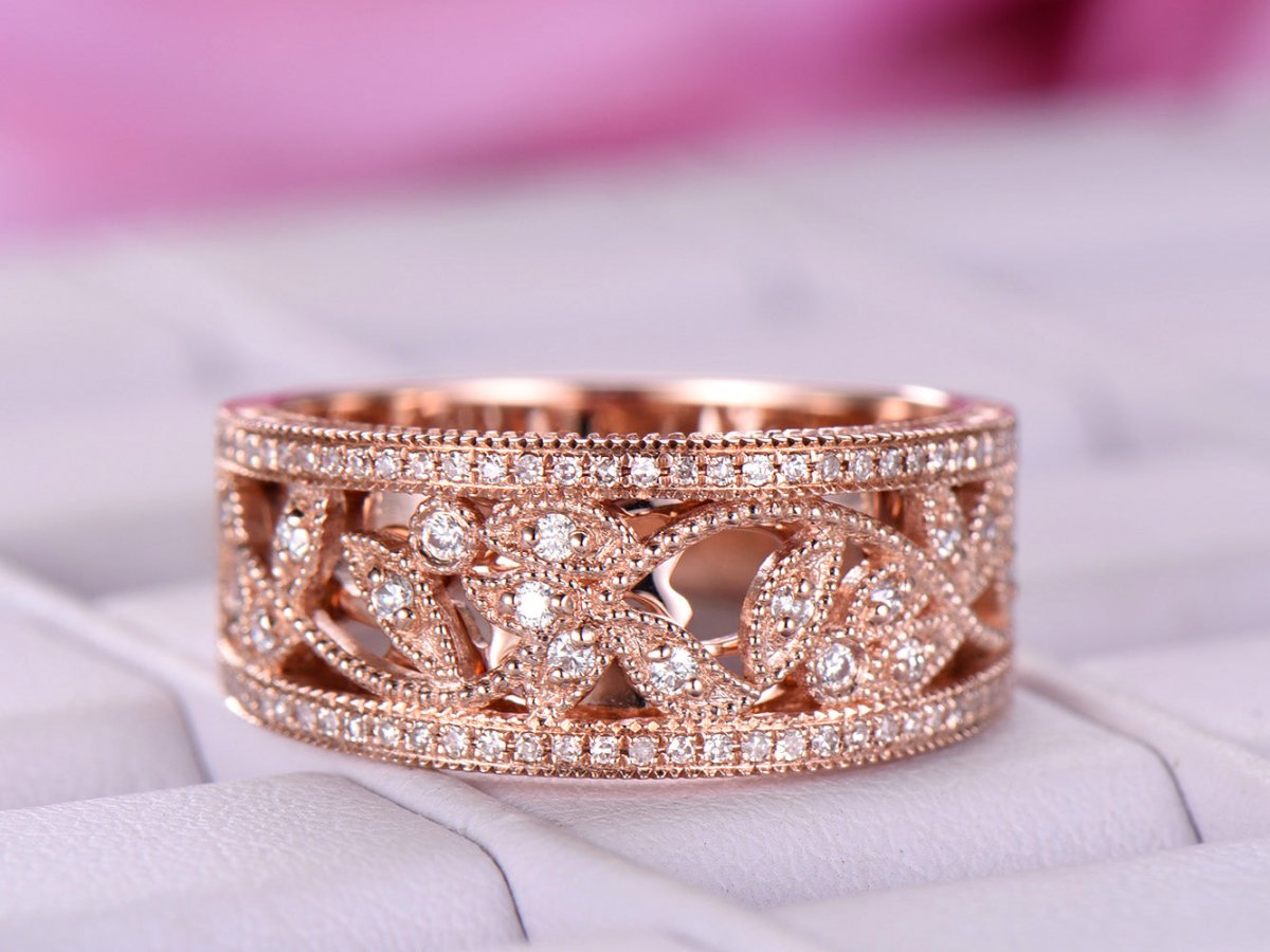 Moissanite Milgrain Leaf Wedding Ring 14K Rose Gold - Lord of Gem Rings