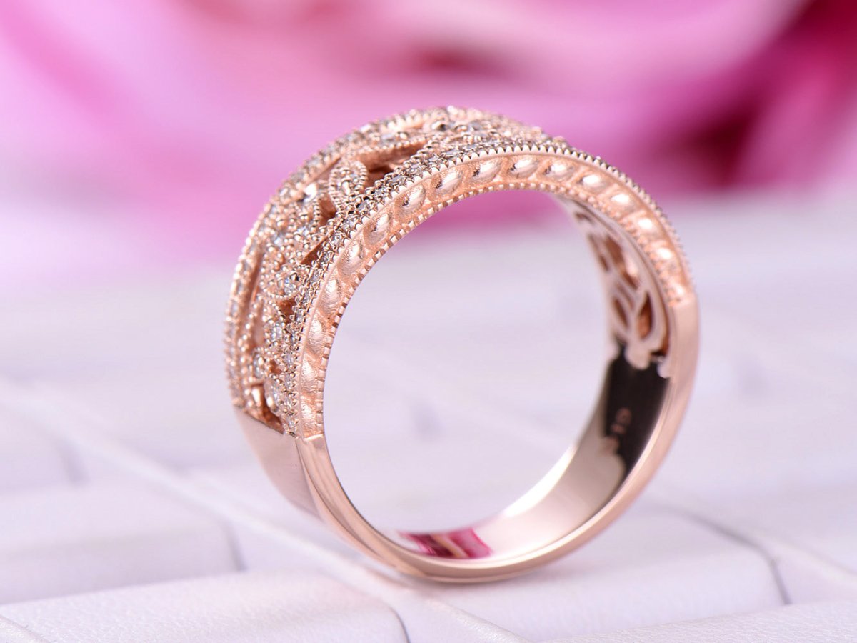 Moissanite Milgrain Leaf Wedding Ring 14K Rose Gold - Lord of Gem Rings
