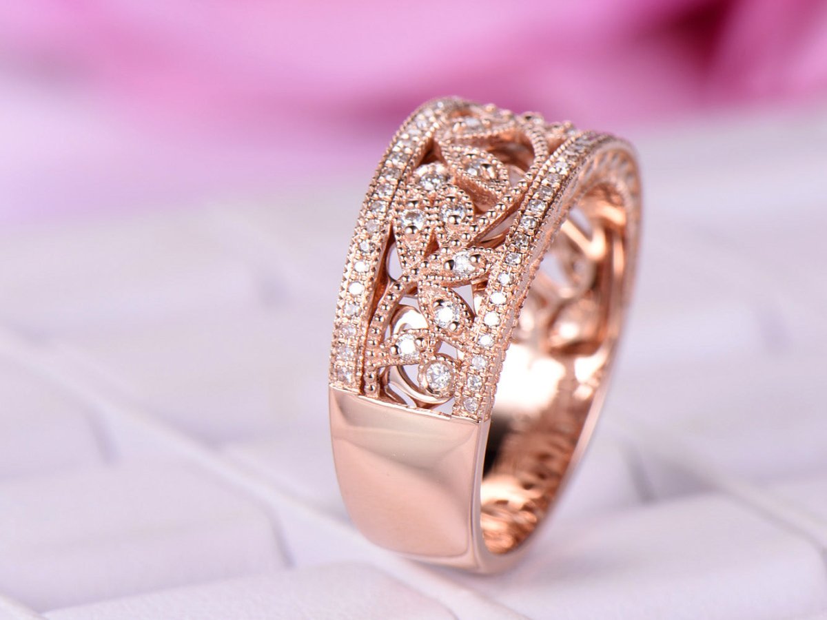 Moissanite Milgrain Leaf Wedding Ring 14K Rose Gold - Lord of Gem Rings