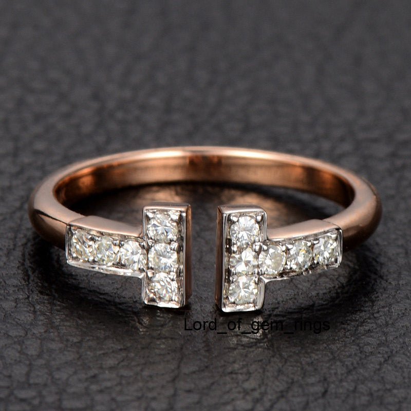 Moissanite Symmetrical T Open Ring 14K Rose Gold - Lord of Gem Rings