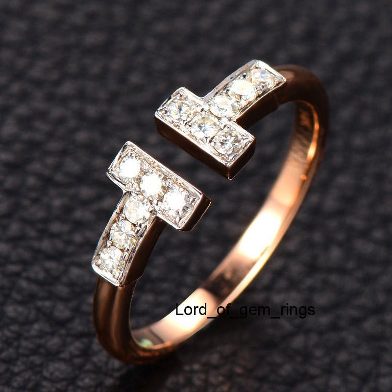 Moissanite Symmetrical T Open Ring 14K Rose Gold - Lord of Gem Rings