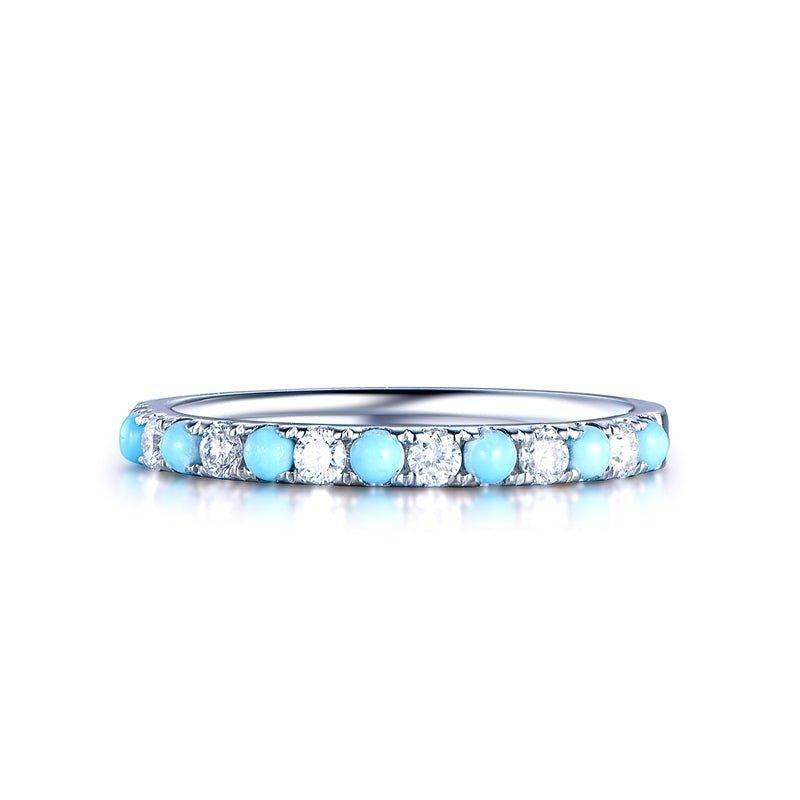 Moissanite Turquoise Wedding Band Half Eternity Brithstone Ring 14K White Gold - Lord of Gem Rings