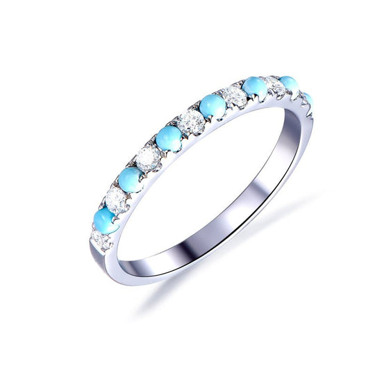 Moissanite Turquoise Wedding Band Half Eternity Brithstone Ring 14K White Gold