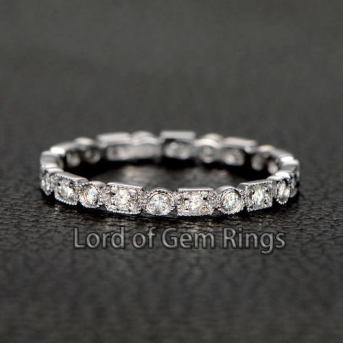 Moissanite Wedding Band Full Eternity Anniversary Ring with Milgrain - Lord of Gem Rings