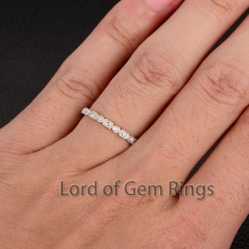 Moissanite Wedding Band Full Eternity Anniversary Ring with Milgrain - Lord of Gem Rings