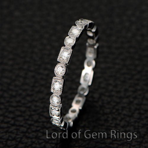 Moissanite Wedding Band Full Eternity Anniversary Ring with Milgrain - Lord of Gem Rings