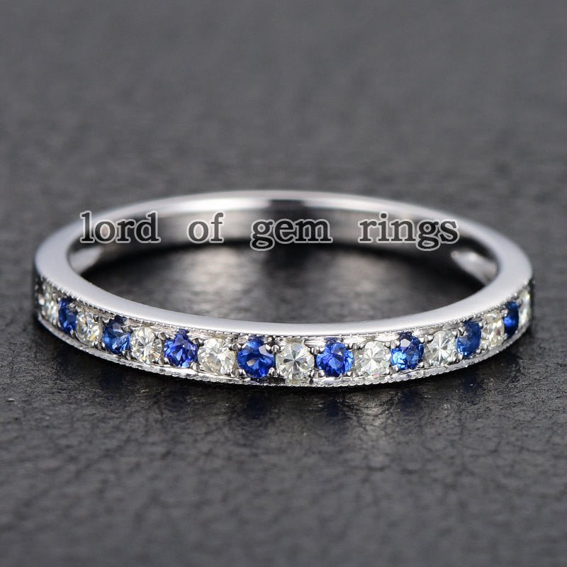 Moissanite/Diamond Sapphire Milgrain Half Eternity September Birthstone Band - Lord of Gem Rings