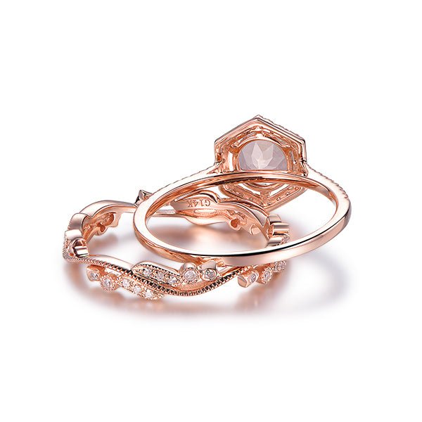 Morganite Diamond Ring & Floral Vintage Diamond Bridal Set 14K Rose Gold - Lord of Gem Rings