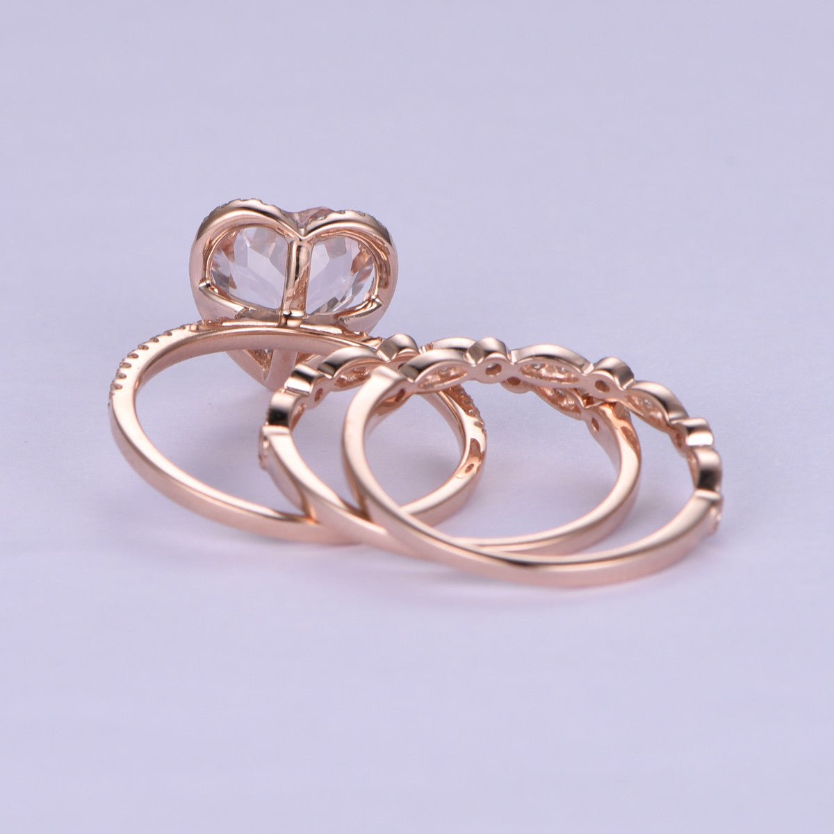 Morganite Heart Ring Diamond Art Deco Trio Bridal Set 14K Rose Gold - Lord of Gem Rings