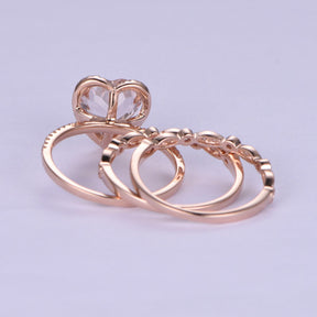 Morganite Heart Ring Diamond Art Deco Trio Bridal Set 14K Rose Gold - Lord of Gem Rings