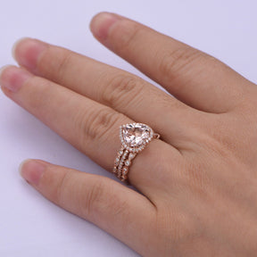 Morganite Heart Ring Diamond Art Deco Trio Bridal Set 14K Rose Gold - Lord of Gem Rings