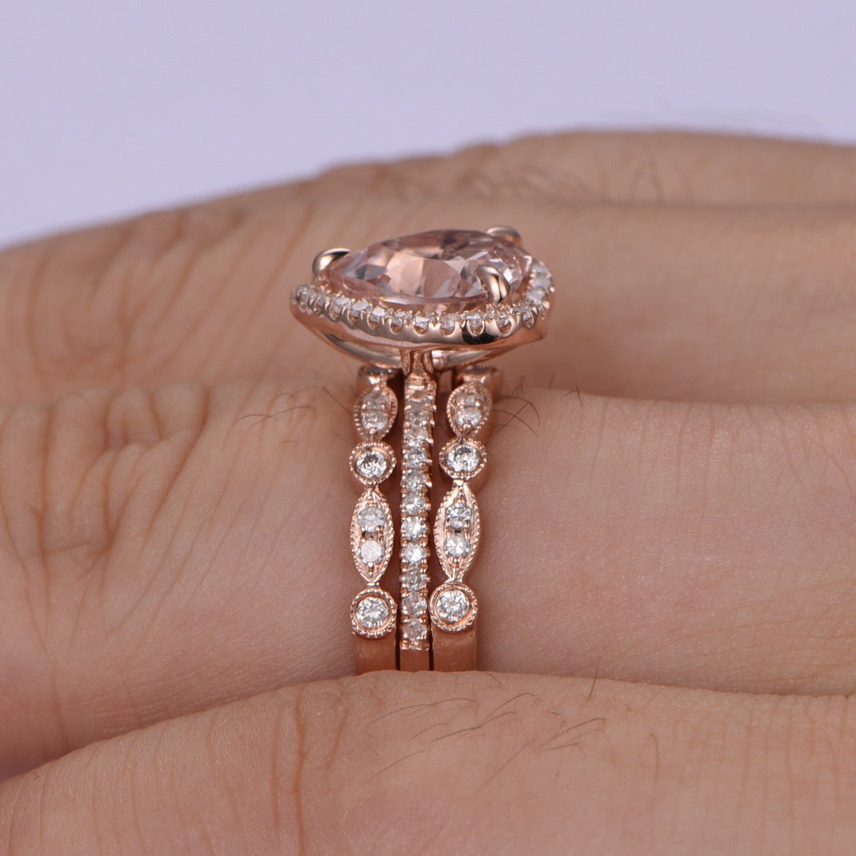 Morganite Heart Ring Diamond Art Deco Trio Bridal Set 14K Rose Gold - Lord of Gem Rings