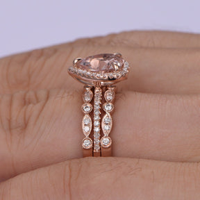 Morganite Heart Ring Diamond Art Deco Trio Bridal Set 14K Rose Gold - Lord of Gem Rings