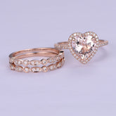 Morganite Heart Ring Diamond Art Deco Trio Bridal Set 14K Rose Gold - Lord of Gem Rings
