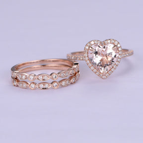 Morganite Heart Ring Diamond Art Deco Trio Bridal Set 14K Rose Gold - Lord of Gem Rings