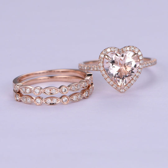 Morganite Heart Ring Diamond Art Deco Trio Bridal Set 14K Rose Gold