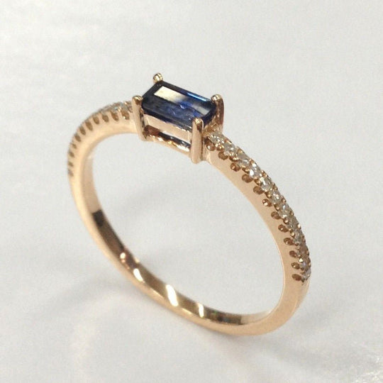 Natural Emerald Cut Blue Sapphire Diamond September Birthstone Ring