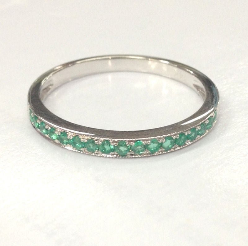 Natural Emerald Milgrain Half Eternity May Birthstone Band - Lord of Gem Rings