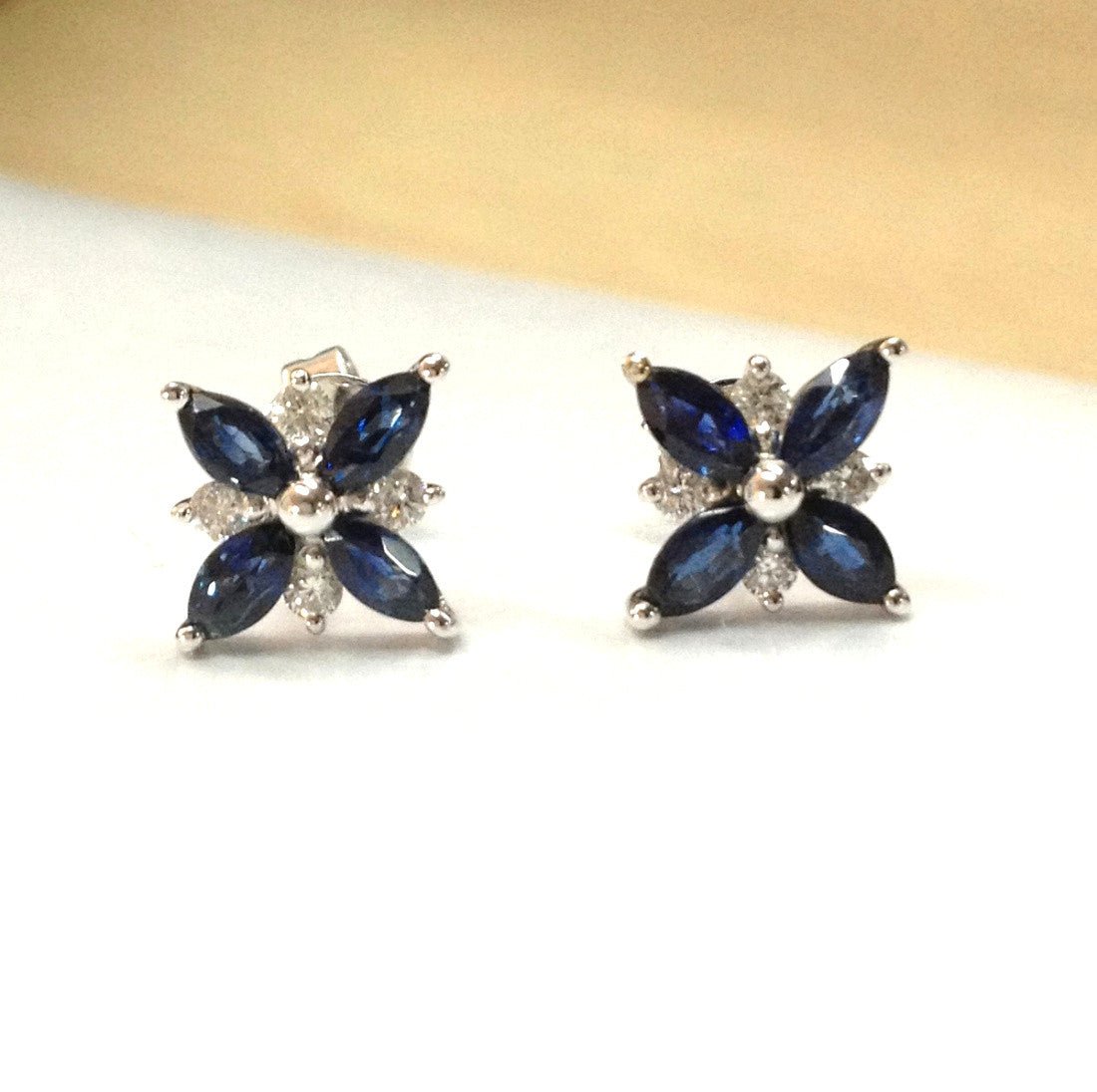 Natural Marquise Sapphire Diamond Stud Earrings 14K White Gold - Lord of Gem Rings