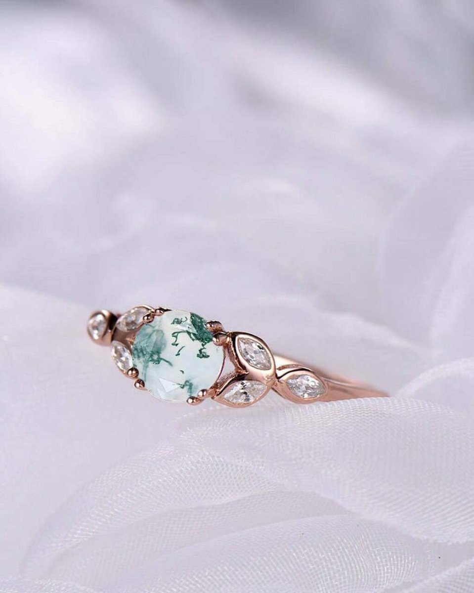 Natural Moss Agate Marquise Moissanite Shamrock Leaf Ring - Lord of Gem Rings