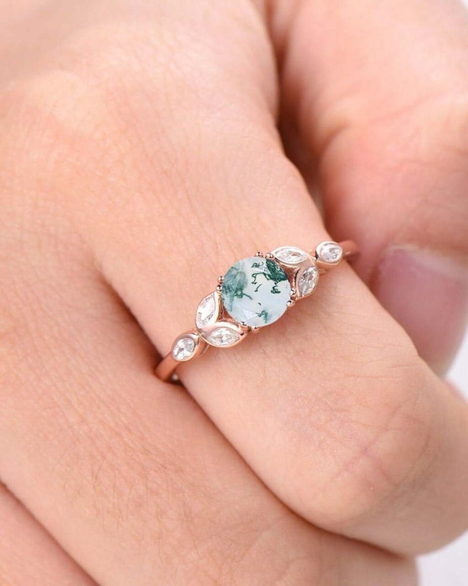 Natural Moss Agate Marquise Moissanite Shamrock Leaf Ring - Lord of Gem Rings