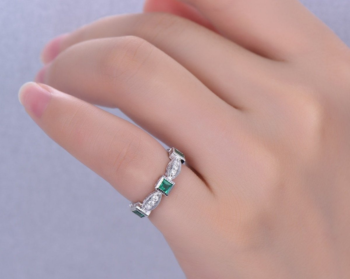 Natural Princess Emerald and Diamond Eternity Band Anniversary Ring Birthstone Band - Lord of Gem Rings