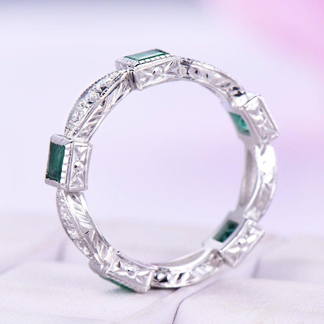 Natural Princess Emerald and Diamond Eternity Band Anniversary Ring Birthstone Band - Lord of Gem Rings