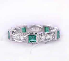 Natural Princess Emerald and Diamond Eternity Band Anniversary Ring Birthstone Band - Lord of Gem Rings