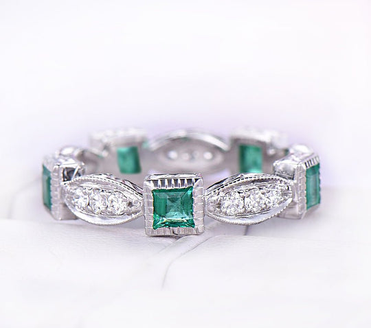 Natural Princess Emerald and Diamond Eternity Band Anniversary Ring Birthstone Band