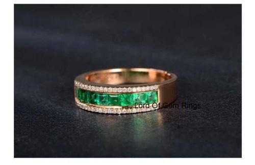 Natural Princess Emerald Diamond Half Eternity May Birthstone Band 18K Gold - Lord of Gem Rings