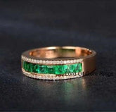 Natural Princess Emerald Diamond Half Eternity May Birthstone Band 18K Gold - Lord of Gem Rings