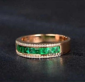 Natural Princess Emerald Diamond Half Eternity May Birthstone Band 18K Gold - Lord of Gem Rings