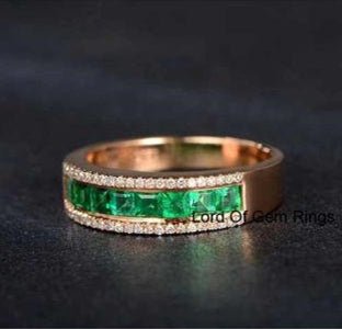 Natural Princess Emerald Diamond Half Eternity May Birthstone Band 18K Gold