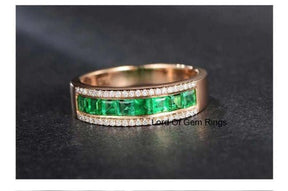 Natural Princess Emerald Diamond Half Eternity May Birthstone Band 18K Gold - Lord of Gem Rings