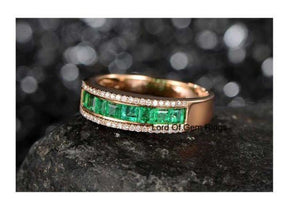 Natural Princess Emerald Diamond Half Eternity May Birthstone Band 18K Gold - Lord of Gem Rings