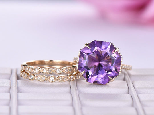 Octagonal Amethyst Ring Milgrain Under Gallery Trio Set with Art Deco Bands 14K Gold